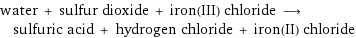 water + sulfur dioxide + iron(III) chloride ⟶ sulfuric acid + hydrogen chloride + iron(II) chloride