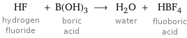 HF hydrogen fluoride + B(OH)_3 boric acid ⟶ H_2O water + HBF_4 fluoboric acid