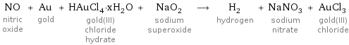 NO nitric oxide + Au gold + HAuCl_4·xH_2O gold(III) chloride hydrate + NaO_2 sodium superoxide ⟶ H_2 hydrogen + NaNO_3 sodium nitrate + AuCl_3 gold(III) chloride