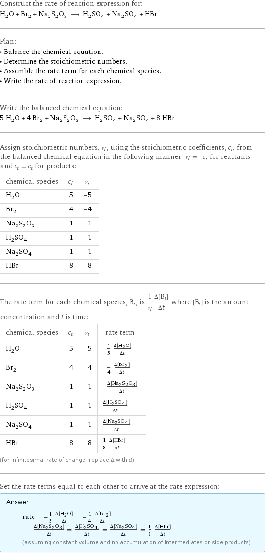 Construct the rate of reaction expression for: H_2O + Br_2 + Na_2S_2O_3 ⟶ H_2SO_4 + Na_2SO_4 + HBr Plan: • Balance the chemical equation. • Determine the stoichiometric numbers. • Assemble the rate term for each chemical species. • Write the rate of reaction expression. Write the balanced chemical equation: 5 H_2O + 4 Br_2 + Na_2S_2O_3 ⟶ H_2SO_4 + Na_2SO_4 + 8 HBr Assign stoichiometric numbers, ν_i, using the stoichiometric coefficients, c_i, from the balanced chemical equation in the following manner: ν_i = -c_i for reactants and ν_i = c_i for products: chemical species | c_i | ν_i H_2O | 5 | -5 Br_2 | 4 | -4 Na_2S_2O_3 | 1 | -1 H_2SO_4 | 1 | 1 Na_2SO_4 | 1 | 1 HBr | 8 | 8 The rate term for each chemical species, B_i, is 1/ν_i(Δ[B_i])/(Δt) where [B_i] is the amount concentration and t is time: chemical species | c_i | ν_i | rate term H_2O | 5 | -5 | -1/5 (Δ[H2O])/(Δt) Br_2 | 4 | -4 | -1/4 (Δ[Br2])/(Δt) Na_2S_2O_3 | 1 | -1 | -(Δ[Na2S2O3])/(Δt) H_2SO_4 | 1 | 1 | (Δ[H2SO4])/(Δt) Na_2SO_4 | 1 | 1 | (Δ[Na2SO4])/(Δt) HBr | 8 | 8 | 1/8 (Δ[HBr])/(Δt) (for infinitesimal rate of change, replace Δ with d) Set the rate terms equal to each other to arrive at the rate expression: Answer: |   | rate = -1/5 (Δ[H2O])/(Δt) = -1/4 (Δ[Br2])/(Δt) = -(Δ[Na2S2O3])/(Δt) = (Δ[H2SO4])/(Δt) = (Δ[Na2SO4])/(Δt) = 1/8 (Δ[HBr])/(Δt) (assuming constant volume and no accumulation of intermediates or side products)