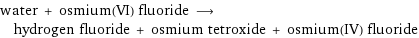 water + osmium(VI) fluoride ⟶ hydrogen fluoride + osmium tetroxide + osmium(IV) fluoride