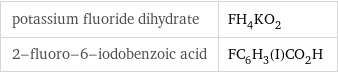 potassium fluoride dihydrate | FH_4KO_2 2-fluoro-6-iodobenzoic acid | FC_6H_3(I)CO_2H