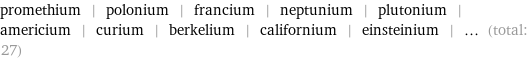 promethium | polonium | francium | neptunium | plutonium | americium | curium | berkelium | californium | einsteinium | ... (total: 27)