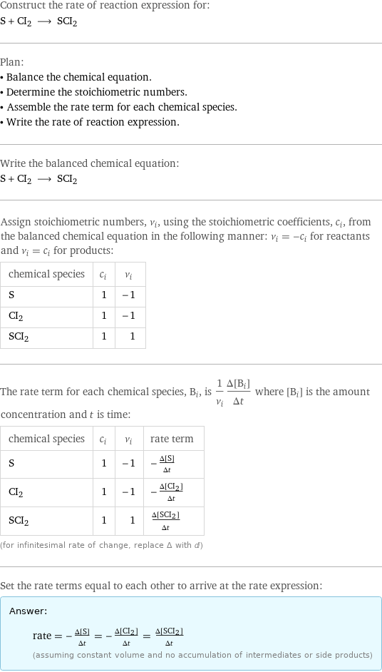 Construct the rate of reaction expression for: S + CI2 ⟶ SCI2 Plan: • Balance the chemical equation. • Determine the stoichiometric numbers. • Assemble the rate term for each chemical species. • Write the rate of reaction expression. Write the balanced chemical equation: S + CI2 ⟶ SCI2 Assign stoichiometric numbers, ν_i, using the stoichiometric coefficients, c_i, from the balanced chemical equation in the following manner: ν_i = -c_i for reactants and ν_i = c_i for products: chemical species | c_i | ν_i S | 1 | -1 CI2 | 1 | -1 SCI2 | 1 | 1 The rate term for each chemical species, B_i, is 1/ν_i(Δ[B_i])/(Δt) where [B_i] is the amount concentration and t is time: chemical species | c_i | ν_i | rate term S | 1 | -1 | -(Δ[S])/(Δt) CI2 | 1 | -1 | -(Δ[CI2])/(Δt) SCI2 | 1 | 1 | (Δ[SCI2])/(Δt) (for infinitesimal rate of change, replace Δ with d) Set the rate terms equal to each other to arrive at the rate expression: Answer: |   | rate = -(Δ[S])/(Δt) = -(Δ[CI2])/(Δt) = (Δ[SCI2])/(Δt) (assuming constant volume and no accumulation of intermediates or side products)