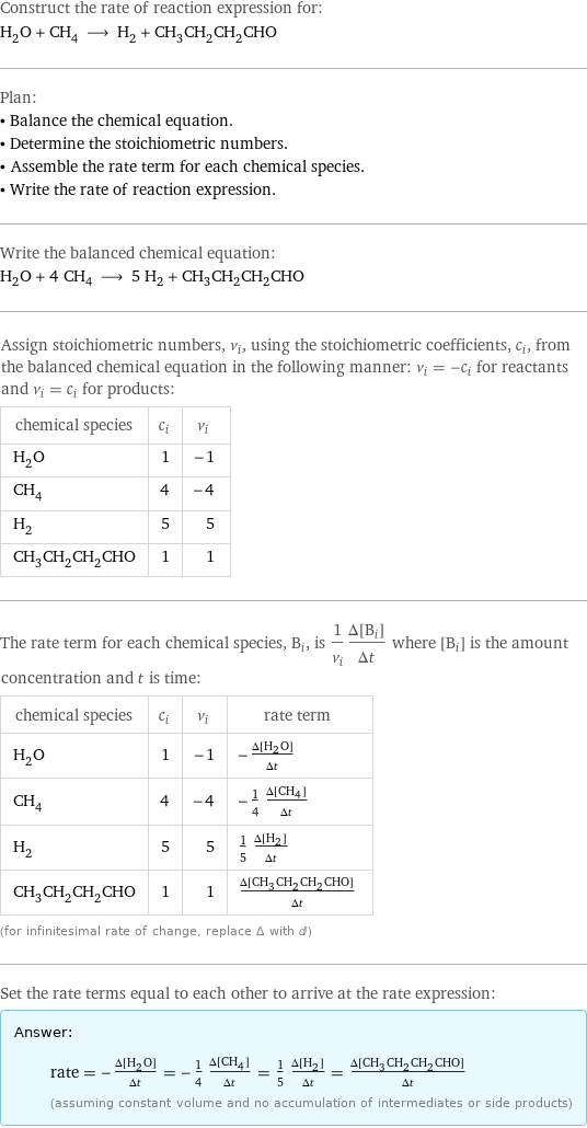 Construct the rate of reaction expression for: H_2O + CH_4 ⟶ H_2 + CH_3CH_2CH_2CHO Plan: • Balance the chemical equation. • Determine the stoichiometric numbers. • Assemble the rate term for each chemical species. • Write the rate of reaction expression. Write the balanced chemical equation: H_2O + 4 CH_4 ⟶ 5 H_2 + CH_3CH_2CH_2CHO Assign stoichiometric numbers, ν_i, using the stoichiometric coefficients, c_i, from the balanced chemical equation in the following manner: ν_i = -c_i for reactants and ν_i = c_i for products: chemical species | c_i | ν_i H_2O | 1 | -1 CH_4 | 4 | -4 H_2 | 5 | 5 CH_3CH_2CH_2CHO | 1 | 1 The rate term for each chemical species, B_i, is 1/ν_i(Δ[B_i])/(Δt) where [B_i] is the amount concentration and t is time: chemical species | c_i | ν_i | rate term H_2O | 1 | -1 | -(Δ[H2O])/(Δt) CH_4 | 4 | -4 | -1/4 (Δ[CH4])/(Δt) H_2 | 5 | 5 | 1/5 (Δ[H2])/(Δt) CH_3CH_2CH_2CHO | 1 | 1 | (Δ[CH3CH2CH2CHO])/(Δt) (for infinitesimal rate of change, replace Δ with d) Set the rate terms equal to each other to arrive at the rate expression: Answer: |   | rate = -(Δ[H2O])/(Δt) = -1/4 (Δ[CH4])/(Δt) = 1/5 (Δ[H2])/(Δt) = (Δ[CH3CH2CH2CHO])/(Δt) (assuming constant volume and no accumulation of intermediates or side products)