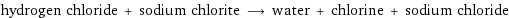 hydrogen chloride + sodium chlorite ⟶ water + chlorine + sodium chloride