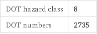 DOT hazard class | 8 DOT numbers | 2735