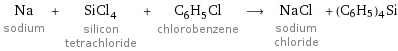 Na sodium + SiCl_4 silicon tetrachloride + C_6H_5Cl chlorobenzene ⟶ NaCl sodium chloride + (C6H5)4Si