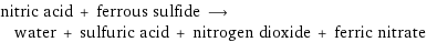 nitric acid + ferrous sulfide ⟶ water + sulfuric acid + nitrogen dioxide + ferric nitrate