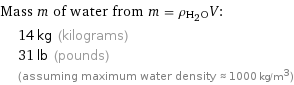 Mass m of water from m = ρ_(H_2O)V:  | 14 kg (kilograms)  | 31 lb (pounds)  | (assuming maximum water density ≈ 1000 kg/m^3)