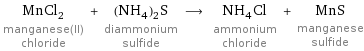 MnCl_2 manganese(II) chloride + (NH_4)_2S diammonium sulfide ⟶ NH_4Cl ammonium chloride + MnS manganese sulfide