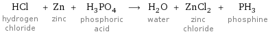 HCl hydrogen chloride + Zn zinc + H_3PO_4 phosphoric acid ⟶ H_2O water + ZnCl_2 zinc chloride + PH_3 phosphine