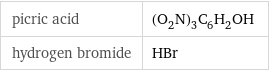 picric acid | (O_2N)_3C_6H_2OH hydrogen bromide | HBr