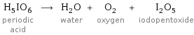 H_5IO_6 periodic acid ⟶ H_2O water + O_2 oxygen + I_2O_5 iodopentoxide
