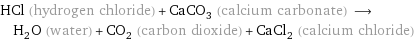 HCl (hydrogen chloride) + CaCO_3 (calcium carbonate) ⟶ H_2O (water) + CO_2 (carbon dioxide) + CaCl_2 (calcium chloride)