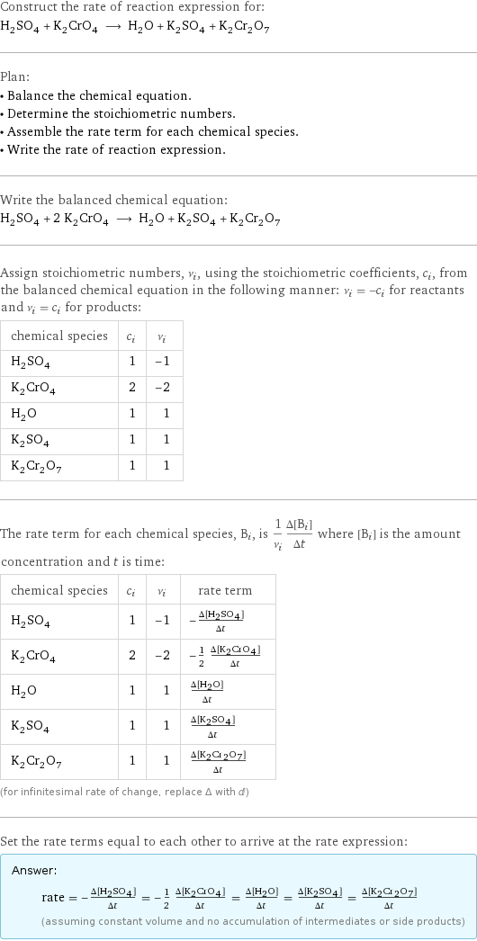 Construct the rate of reaction expression for: H_2SO_4 + K_2CrO_4 ⟶ H_2O + K_2SO_4 + K_2Cr_2O_7 Plan: • Balance the chemical equation. • Determine the stoichiometric numbers. • Assemble the rate term for each chemical species. • Write the rate of reaction expression. Write the balanced chemical equation: H_2SO_4 + 2 K_2CrO_4 ⟶ H_2O + K_2SO_4 + K_2Cr_2O_7 Assign stoichiometric numbers, ν_i, using the stoichiometric coefficients, c_i, from the balanced chemical equation in the following manner: ν_i = -c_i for reactants and ν_i = c_i for products: chemical species | c_i | ν_i H_2SO_4 | 1 | -1 K_2CrO_4 | 2 | -2 H_2O | 1 | 1 K_2SO_4 | 1 | 1 K_2Cr_2O_7 | 1 | 1 The rate term for each chemical species, B_i, is 1/ν_i(Δ[B_i])/(Δt) where [B_i] is the amount concentration and t is time: chemical species | c_i | ν_i | rate term H_2SO_4 | 1 | -1 | -(Δ[H2SO4])/(Δt) K_2CrO_4 | 2 | -2 | -1/2 (Δ[K2CrO4])/(Δt) H_2O | 1 | 1 | (Δ[H2O])/(Δt) K_2SO_4 | 1 | 1 | (Δ[K2SO4])/(Δt) K_2Cr_2O_7 | 1 | 1 | (Δ[K2Cr2O7])/(Δt) (for infinitesimal rate of change, replace Δ with d) Set the rate terms equal to each other to arrive at the rate expression: Answer: |   | rate = -(Δ[H2SO4])/(Δt) = -1/2 (Δ[K2CrO4])/(Δt) = (Δ[H2O])/(Δt) = (Δ[K2SO4])/(Δt) = (Δ[K2Cr2O7])/(Δt) (assuming constant volume and no accumulation of intermediates or side products)