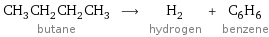 CH_3CH_2CH_2CH_3 butane ⟶ H_2 hydrogen + C_6H_6 benzene