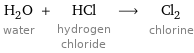 H_2O water + HCl hydrogen chloride ⟶ Cl_2 chlorine