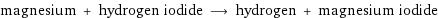 magnesium + hydrogen iodide ⟶ hydrogen + magnesium iodide