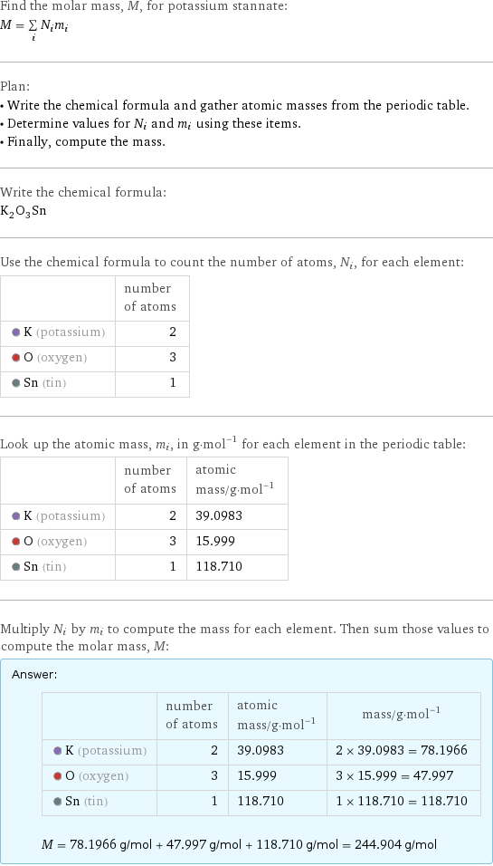 Find the molar mass, M, for potassium stannate: M = sum _iN_im_i Plan: • Write the chemical formula and gather atomic masses from the periodic table. • Determine values for N_i and m_i using these items. • Finally, compute the mass. Write the chemical formula: K_2O_3Sn Use the chemical formula to count the number of atoms, N_i, for each element:  | number of atoms  K (potassium) | 2  O (oxygen) | 3  Sn (tin) | 1 Look up the atomic mass, m_i, in g·mol^(-1) for each element in the periodic table:  | number of atoms | atomic mass/g·mol^(-1)  K (potassium) | 2 | 39.0983  O (oxygen) | 3 | 15.999  Sn (tin) | 1 | 118.710 Multiply N_i by m_i to compute the mass for each element. Then sum those values to compute the molar mass, M: Answer: |   | | number of atoms | atomic mass/g·mol^(-1) | mass/g·mol^(-1)  K (potassium) | 2 | 39.0983 | 2 × 39.0983 = 78.1966  O (oxygen) | 3 | 15.999 | 3 × 15.999 = 47.997  Sn (tin) | 1 | 118.710 | 1 × 118.710 = 118.710  M = 78.1966 g/mol + 47.997 g/mol + 118.710 g/mol = 244.904 g/mol