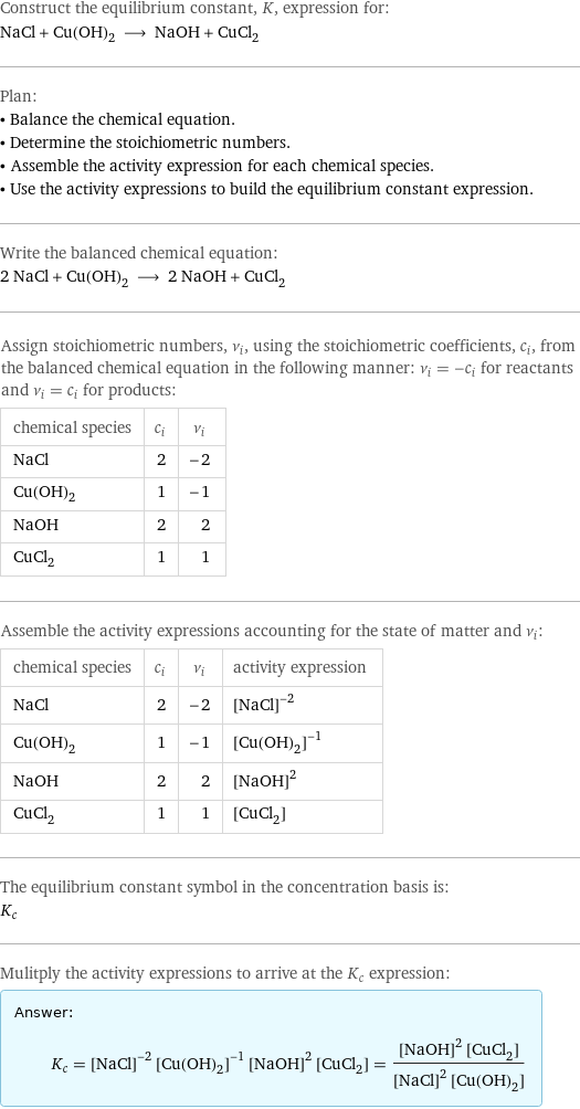 Construct the equilibrium constant, K, expression for: NaCl + Cu(OH)_2 ⟶ NaOH + CuCl_2 Plan: • Balance the chemical equation. • Determine the stoichiometric numbers. • Assemble the activity expression for each chemical species. • Use the activity expressions to build the equilibrium constant expression. Write the balanced chemical equation: 2 NaCl + Cu(OH)_2 ⟶ 2 NaOH + CuCl_2 Assign stoichiometric numbers, ν_i, using the stoichiometric coefficients, c_i, from the balanced chemical equation in the following manner: ν_i = -c_i for reactants and ν_i = c_i for products: chemical species | c_i | ν_i NaCl | 2 | -2 Cu(OH)_2 | 1 | -1 NaOH | 2 | 2 CuCl_2 | 1 | 1 Assemble the activity expressions accounting for the state of matter and ν_i: chemical species | c_i | ν_i | activity expression NaCl | 2 | -2 | ([NaCl])^(-2) Cu(OH)_2 | 1 | -1 | ([Cu(OH)2])^(-1) NaOH | 2 | 2 | ([NaOH])^2 CuCl_2 | 1 | 1 | [CuCl2] The equilibrium constant symbol in the concentration basis is: K_c Mulitply the activity expressions to arrive at the K_c expression: Answer: |   | K_c = ([NaCl])^(-2) ([Cu(OH)2])^(-1) ([NaOH])^2 [CuCl2] = (([NaOH])^2 [CuCl2])/(([NaCl])^2 [Cu(OH)2])