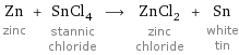 Zn zinc + SnCl_4 stannic chloride ⟶ ZnCl_2 zinc chloride + Sn white tin