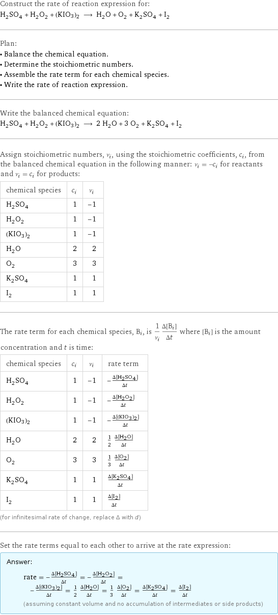 Construct the rate of reaction expression for: H_2SO_4 + H_2O_2 + (KIO3)2 ⟶ H_2O + O_2 + K_2SO_4 + I_2 Plan: • Balance the chemical equation. • Determine the stoichiometric numbers. • Assemble the rate term for each chemical species. • Write the rate of reaction expression. Write the balanced chemical equation: H_2SO_4 + H_2O_2 + (KIO3)2 ⟶ 2 H_2O + 3 O_2 + K_2SO_4 + I_2 Assign stoichiometric numbers, ν_i, using the stoichiometric coefficients, c_i, from the balanced chemical equation in the following manner: ν_i = -c_i for reactants and ν_i = c_i for products: chemical species | c_i | ν_i H_2SO_4 | 1 | -1 H_2O_2 | 1 | -1 (KIO3)2 | 1 | -1 H_2O | 2 | 2 O_2 | 3 | 3 K_2SO_4 | 1 | 1 I_2 | 1 | 1 The rate term for each chemical species, B_i, is 1/ν_i(Δ[B_i])/(Δt) where [B_i] is the amount concentration and t is time: chemical species | c_i | ν_i | rate term H_2SO_4 | 1 | -1 | -(Δ[H2SO4])/(Δt) H_2O_2 | 1 | -1 | -(Δ[H2O2])/(Δt) (KIO3)2 | 1 | -1 | -(Δ[(KIO3)2])/(Δt) H_2O | 2 | 2 | 1/2 (Δ[H2O])/(Δt) O_2 | 3 | 3 | 1/3 (Δ[O2])/(Δt) K_2SO_4 | 1 | 1 | (Δ[K2SO4])/(Δt) I_2 | 1 | 1 | (Δ[I2])/(Δt) (for infinitesimal rate of change, replace Δ with d) Set the rate terms equal to each other to arrive at the rate expression: Answer: |   | rate = -(Δ[H2SO4])/(Δt) = -(Δ[H2O2])/(Δt) = -(Δ[(KIO3)2])/(Δt) = 1/2 (Δ[H2O])/(Δt) = 1/3 (Δ[O2])/(Δt) = (Δ[K2SO4])/(Δt) = (Δ[I2])/(Δt) (assuming constant volume and no accumulation of intermediates or side products)