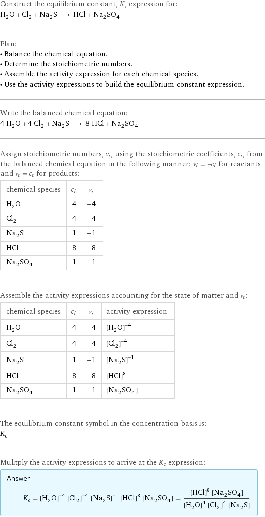 Construct the equilibrium constant, K, expression for: H_2O + Cl_2 + Na_2S ⟶ HCl + Na_2SO_4 Plan: • Balance the chemical equation. • Determine the stoichiometric numbers. • Assemble the activity expression for each chemical species. • Use the activity expressions to build the equilibrium constant expression. Write the balanced chemical equation: 4 H_2O + 4 Cl_2 + Na_2S ⟶ 8 HCl + Na_2SO_4 Assign stoichiometric numbers, ν_i, using the stoichiometric coefficients, c_i, from the balanced chemical equation in the following manner: ν_i = -c_i for reactants and ν_i = c_i for products: chemical species | c_i | ν_i H_2O | 4 | -4 Cl_2 | 4 | -4 Na_2S | 1 | -1 HCl | 8 | 8 Na_2SO_4 | 1 | 1 Assemble the activity expressions accounting for the state of matter and ν_i: chemical species | c_i | ν_i | activity expression H_2O | 4 | -4 | ([H2O])^(-4) Cl_2 | 4 | -4 | ([Cl2])^(-4) Na_2S | 1 | -1 | ([Na2S])^(-1) HCl | 8 | 8 | ([HCl])^8 Na_2SO_4 | 1 | 1 | [Na2SO4] The equilibrium constant symbol in the concentration basis is: K_c Mulitply the activity expressions to arrive at the K_c expression: Answer: |   | K_c = ([H2O])^(-4) ([Cl2])^(-4) ([Na2S])^(-1) ([HCl])^8 [Na2SO4] = (([HCl])^8 [Na2SO4])/(([H2O])^4 ([Cl2])^4 [Na2S])