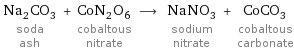 Na_2CO_3 soda ash + CoN_2O_6 cobaltous nitrate ⟶ NaNO_3 sodium nitrate + CoCO_3 cobaltous carbonate