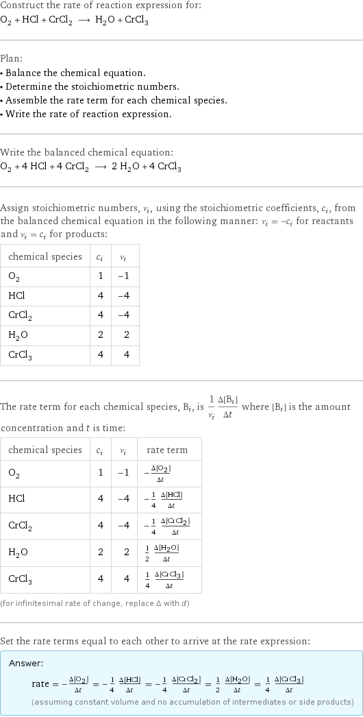 Construct the rate of reaction expression for: O_2 + HCl + CrCl_2 ⟶ H_2O + CrCl_3 Plan: • Balance the chemical equation. • Determine the stoichiometric numbers. • Assemble the rate term for each chemical species. • Write the rate of reaction expression. Write the balanced chemical equation: O_2 + 4 HCl + 4 CrCl_2 ⟶ 2 H_2O + 4 CrCl_3 Assign stoichiometric numbers, ν_i, using the stoichiometric coefficients, c_i, from the balanced chemical equation in the following manner: ν_i = -c_i for reactants and ν_i = c_i for products: chemical species | c_i | ν_i O_2 | 1 | -1 HCl | 4 | -4 CrCl_2 | 4 | -4 H_2O | 2 | 2 CrCl_3 | 4 | 4 The rate term for each chemical species, B_i, is 1/ν_i(Δ[B_i])/(Δt) where [B_i] is the amount concentration and t is time: chemical species | c_i | ν_i | rate term O_2 | 1 | -1 | -(Δ[O2])/(Δt) HCl | 4 | -4 | -1/4 (Δ[HCl])/(Δt) CrCl_2 | 4 | -4 | -1/4 (Δ[CrCl2])/(Δt) H_2O | 2 | 2 | 1/2 (Δ[H2O])/(Δt) CrCl_3 | 4 | 4 | 1/4 (Δ[CrCl3])/(Δt) (for infinitesimal rate of change, replace Δ with d) Set the rate terms equal to each other to arrive at the rate expression: Answer: |   | rate = -(Δ[O2])/(Δt) = -1/4 (Δ[HCl])/(Δt) = -1/4 (Δ[CrCl2])/(Δt) = 1/2 (Δ[H2O])/(Δt) = 1/4 (Δ[CrCl3])/(Δt) (assuming constant volume and no accumulation of intermediates or side products)