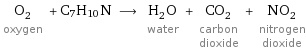 O_2 oxygen + C7H10N ⟶ H_2O water + CO_2 carbon dioxide + NO_2 nitrogen dioxide