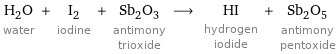 H_2O water + I_2 iodine + Sb_2O_3 antimony trioxide ⟶ HI hydrogen iodide + Sb_2O_5 antimony pentoxide