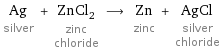 Ag silver + ZnCl_2 zinc chloride ⟶ Zn zinc + AgCl silver chloride