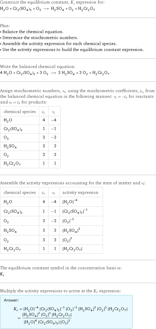 Construct the equilibrium constant, K, expression for: H_2O + Cr_2(SO_4)_3 + O_3 ⟶ H_2SO_4 + O_2 + H_2Cr_2O_7 Plan: • Balance the chemical equation. • Determine the stoichiometric numbers. • Assemble the activity expression for each chemical species. • Use the activity expressions to build the equilibrium constant expression. Write the balanced chemical equation: 4 H_2O + Cr_2(SO_4)_3 + 3 O_3 ⟶ 3 H_2SO_4 + 3 O_2 + H_2Cr_2O_7 Assign stoichiometric numbers, ν_i, using the stoichiometric coefficients, c_i, from the balanced chemical equation in the following manner: ν_i = -c_i for reactants and ν_i = c_i for products: chemical species | c_i | ν_i H_2O | 4 | -4 Cr_2(SO_4)_3 | 1 | -1 O_3 | 3 | -3 H_2SO_4 | 3 | 3 O_2 | 3 | 3 H_2Cr_2O_7 | 1 | 1 Assemble the activity expressions accounting for the state of matter and ν_i: chemical species | c_i | ν_i | activity expression H_2O | 4 | -4 | ([H2O])^(-4) Cr_2(SO_4)_3 | 1 | -1 | ([Cr2(SO4)3])^(-1) O_3 | 3 | -3 | ([O3])^(-3) H_2SO_4 | 3 | 3 | ([H2SO4])^3 O_2 | 3 | 3 | ([O2])^3 H_2Cr_2O_7 | 1 | 1 | [H2Cr2O7] The equilibrium constant symbol in the concentration basis is: K_c Mulitply the activity expressions to arrive at the K_c expression: Answer: |   | K_c = ([H2O])^(-4) ([Cr2(SO4)3])^(-1) ([O3])^(-3) ([H2SO4])^3 ([O2])^3 [H2Cr2O7] = (([H2SO4])^3 ([O2])^3 [H2Cr2O7])/(([H2O])^4 [Cr2(SO4)3] ([O3])^3)