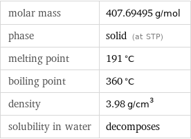 molar mass | 407.69495 g/mol phase | solid (at STP) melting point | 191 °C boiling point | 360 °C density | 3.98 g/cm^3 solubility in water | decomposes