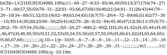 InChI=1/C31H53N3O49S8.10Na/c1-69-27-9(33-85(48, 49)50)13(37)17(6(74-27)3-71-88(57, 58)59)76-31-22(83-91(66, 67)68)16(40)21(24(81-31)26(43)44)79-29-10(34-86(51, 52)53)19(82-90(63, 64)65)18(7(75-29)4-72-89(60, 61)62)77-30-15(39)14(38)20(23(80-30)25(41)42)78-28-8(32-84(45, 46)47)12(36)11(35)5(73-28)2-70-87(54, 55)56;;;;;;;;;;/h5-24, 27-40H, 2-4H2, 1H3, (H, 41, 42)(H, 43, 44)(H, 45, 46, 47)(H, 48, 49, 50)(H, 51, 52, 53)(H, 54, 55, 56)(H, 57, 58, 59)(H, 60, 61, 62)(H, 63, 64, 65)(H, 66, 67, 68);;;;;;;;;;/q;10*+1/p-10/t5-, 6-, 7-, 8-, 9-, 10-, 11-, 12-, 13-, 14-, 15-, 16+, 17-, 18-, 19-, 20+, 21+, 22-, 23+, 24-, 27+, 28-, 29-, 30-, 31-;;;;;;;;;;/m1........../s1/fC31H43N3O49S8.10Na/q-10;10m