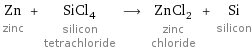 Zn zinc + SiCl_4 silicon tetrachloride ⟶ ZnCl_2 zinc chloride + Si silicon