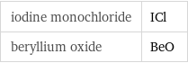 iodine monochloride | ICl beryllium oxide | BeO
