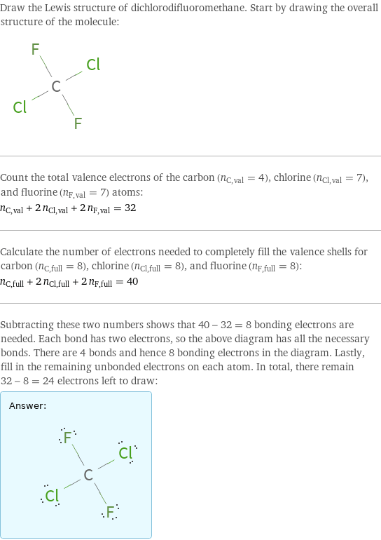 Draw the Lewis structure of dichlorodifluoromethane. Start by drawing the overall structure of the molecule:  Count the total valence electrons of the carbon (n_C, val = 4), chlorine (n_Cl, val = 7), and fluorine (n_F, val = 7) atoms: n_C, val + 2 n_Cl, val + 2 n_F, val = 32 Calculate the number of electrons needed to completely fill the valence shells for carbon (n_C, full = 8), chlorine (n_Cl, full = 8), and fluorine (n_F, full = 8): n_C, full + 2 n_Cl, full + 2 n_F, full = 40 Subtracting these two numbers shows that 40 - 32 = 8 bonding electrons are needed. Each bond has two electrons, so the above diagram has all the necessary bonds. There are 4 bonds and hence 8 bonding electrons in the diagram. Lastly, fill in the remaining unbonded electrons on each atom. In total, there remain 32 - 8 = 24 electrons left to draw: Answer: |   | 