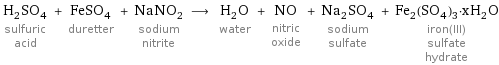 H_2SO_4 sulfuric acid + FeSO_4 duretter + NaNO_2 sodium nitrite ⟶ H_2O water + NO nitric oxide + Na_2SO_4 sodium sulfate + Fe_2(SO_4)_3·xH_2O iron(III) sulfate hydrate