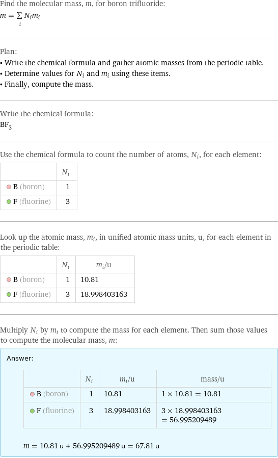 Find the molecular mass, m, for boron trifluoride: m = sum _iN_im_i Plan: • Write the chemical formula and gather atomic masses from the periodic table. • Determine values for N_i and m_i using these items. • Finally, compute the mass. Write the chemical formula: BF_3 Use the chemical formula to count the number of atoms, N_i, for each element:  | N_i  B (boron) | 1  F (fluorine) | 3 Look up the atomic mass, m_i, in unified atomic mass units, u, for each element in the periodic table:  | N_i | m_i/u  B (boron) | 1 | 10.81  F (fluorine) | 3 | 18.998403163 Multiply N_i by m_i to compute the mass for each element. Then sum those values to compute the molecular mass, m: Answer: |   | | N_i | m_i/u | mass/u  B (boron) | 1 | 10.81 | 1 × 10.81 = 10.81  F (fluorine) | 3 | 18.998403163 | 3 × 18.998403163 = 56.995209489  m = 10.81 u + 56.995209489 u = 67.81 u