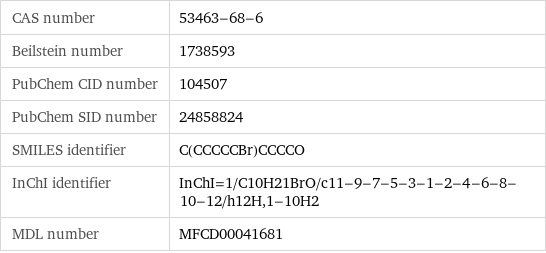 CAS number | 53463-68-6 Beilstein number | 1738593 PubChem CID number | 104507 PubChem SID number | 24858824 SMILES identifier | C(CCCCCBr)CCCCO InChI identifier | InChI=1/C10H21BrO/c11-9-7-5-3-1-2-4-6-8-10-12/h12H, 1-10H2 MDL number | MFCD00041681