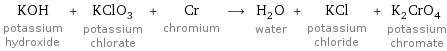 KOH potassium hydroxide + KClO_3 potassium chlorate + Cr chromium ⟶ H_2O water + KCl potassium chloride + K_2CrO_4 potassium chromate