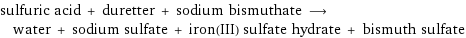 sulfuric acid + duretter + sodium bismuthate ⟶ water + sodium sulfate + iron(III) sulfate hydrate + bismuth sulfate