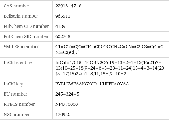 CAS number | 22916-47-8 Beilstein number | 965511 PubChem CID number | 4189 PubChem SID number | 602748 SMILES identifier | C1=CC(=C(C=C1Cl)Cl)COC(CN2C=CN=C2)C3=C(C=C(C=C3)Cl)Cl InChI identifier | InChI=1/C18H14Cl4N2O/c19-13-2-1-12(16(21)7-13)10-25-18(9-24-6-5-23-11-24)15-4-3-14(20)8-17(15)22/h1-8, 11, 18H, 9-10H2 InChI key | BYBLEWFAAKGYCD-UHFFFAOYAA EU number | 245-324-5 RTECS number | NI4770000 NSC number | 170986