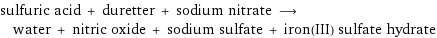 sulfuric acid + duretter + sodium nitrate ⟶ water + nitric oxide + sodium sulfate + iron(III) sulfate hydrate