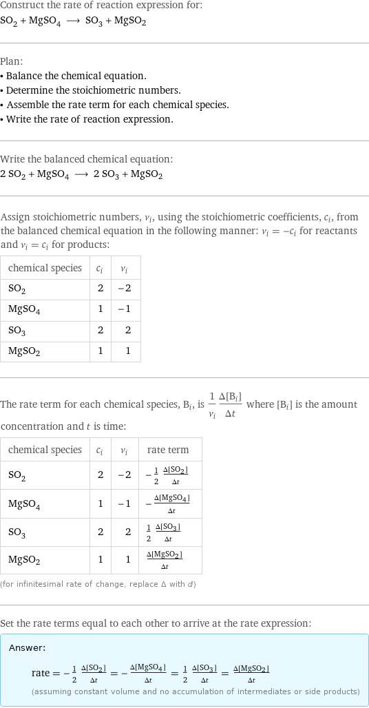 Construct the rate of reaction expression for: SO_2 + MgSO_4 ⟶ SO_3 + MgSO2 Plan: • Balance the chemical equation. • Determine the stoichiometric numbers. • Assemble the rate term for each chemical species. • Write the rate of reaction expression. Write the balanced chemical equation: 2 SO_2 + MgSO_4 ⟶ 2 SO_3 + MgSO2 Assign stoichiometric numbers, ν_i, using the stoichiometric coefficients, c_i, from the balanced chemical equation in the following manner: ν_i = -c_i for reactants and ν_i = c_i for products: chemical species | c_i | ν_i SO_2 | 2 | -2 MgSO_4 | 1 | -1 SO_3 | 2 | 2 MgSO2 | 1 | 1 The rate term for each chemical species, B_i, is 1/ν_i(Δ[B_i])/(Δt) where [B_i] is the amount concentration and t is time: chemical species | c_i | ν_i | rate term SO_2 | 2 | -2 | -1/2 (Δ[SO2])/(Δt) MgSO_4 | 1 | -1 | -(Δ[MgSO4])/(Δt) SO_3 | 2 | 2 | 1/2 (Δ[SO3])/(Δt) MgSO2 | 1 | 1 | (Δ[MgSO2])/(Δt) (for infinitesimal rate of change, replace Δ with d) Set the rate terms equal to each other to arrive at the rate expression: Answer: |   | rate = -1/2 (Δ[SO2])/(Δt) = -(Δ[MgSO4])/(Δt) = 1/2 (Δ[SO3])/(Δt) = (Δ[MgSO2])/(Δt) (assuming constant volume and no accumulation of intermediates or side products)