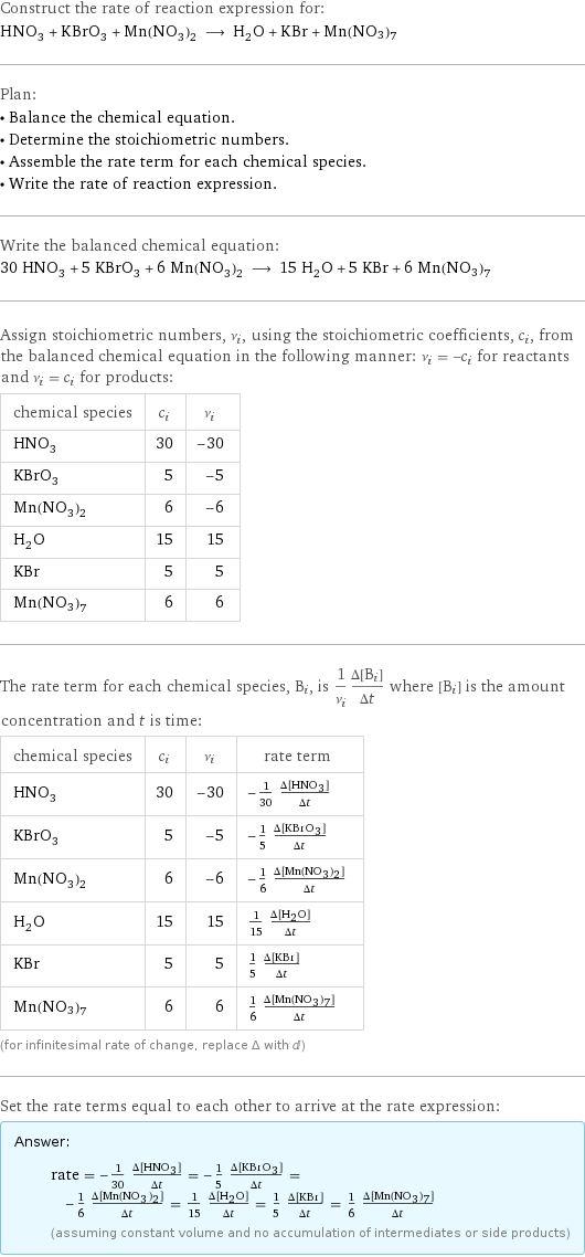 Construct the rate of reaction expression for: HNO_3 + KBrO_3 + Mn(NO_3)_2 ⟶ H_2O + KBr + Mn(NO3)7 Plan: • Balance the chemical equation. • Determine the stoichiometric numbers. • Assemble the rate term for each chemical species. • Write the rate of reaction expression. Write the balanced chemical equation: 30 HNO_3 + 5 KBrO_3 + 6 Mn(NO_3)_2 ⟶ 15 H_2O + 5 KBr + 6 Mn(NO3)7 Assign stoichiometric numbers, ν_i, using the stoichiometric coefficients, c_i, from the balanced chemical equation in the following manner: ν_i = -c_i for reactants and ν_i = c_i for products: chemical species | c_i | ν_i HNO_3 | 30 | -30 KBrO_3 | 5 | -5 Mn(NO_3)_2 | 6 | -6 H_2O | 15 | 15 KBr | 5 | 5 Mn(NO3)7 | 6 | 6 The rate term for each chemical species, B_i, is 1/ν_i(Δ[B_i])/(Δt) where [B_i] is the amount concentration and t is time: chemical species | c_i | ν_i | rate term HNO_3 | 30 | -30 | -1/30 (Δ[HNO3])/(Δt) KBrO_3 | 5 | -5 | -1/5 (Δ[KBrO3])/(Δt) Mn(NO_3)_2 | 6 | -6 | -1/6 (Δ[Mn(NO3)2])/(Δt) H_2O | 15 | 15 | 1/15 (Δ[H2O])/(Δt) KBr | 5 | 5 | 1/5 (Δ[KBr])/(Δt) Mn(NO3)7 | 6 | 6 | 1/6 (Δ[Mn(NO3)7])/(Δt) (for infinitesimal rate of change, replace Δ with d) Set the rate terms equal to each other to arrive at the rate expression: Answer: |   | rate = -1/30 (Δ[HNO3])/(Δt) = -1/5 (Δ[KBrO3])/(Δt) = -1/6 (Δ[Mn(NO3)2])/(Δt) = 1/15 (Δ[H2O])/(Δt) = 1/5 (Δ[KBr])/(Δt) = 1/6 (Δ[Mn(NO3)7])/(Δt) (assuming constant volume and no accumulation of intermediates or side products)