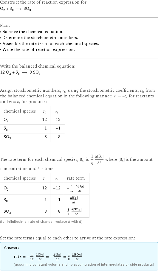 Construct the rate of reaction expression for: O_2 + S_8 ⟶ SO_3 Plan: • Balance the chemical equation. • Determine the stoichiometric numbers. • Assemble the rate term for each chemical species. • Write the rate of reaction expression. Write the balanced chemical equation: 12 O_2 + S_8 ⟶ 8 SO_3 Assign stoichiometric numbers, ν_i, using the stoichiometric coefficients, c_i, from the balanced chemical equation in the following manner: ν_i = -c_i for reactants and ν_i = c_i for products: chemical species | c_i | ν_i O_2 | 12 | -12 S_8 | 1 | -1 SO_3 | 8 | 8 The rate term for each chemical species, B_i, is 1/ν_i(Δ[B_i])/(Δt) where [B_i] is the amount concentration and t is time: chemical species | c_i | ν_i | rate term O_2 | 12 | -12 | -1/12 (Δ[O2])/(Δt) S_8 | 1 | -1 | -(Δ[S8])/(Δt) SO_3 | 8 | 8 | 1/8 (Δ[SO3])/(Δt) (for infinitesimal rate of change, replace Δ with d) Set the rate terms equal to each other to arrive at the rate expression: Answer: |   | rate = -1/12 (Δ[O2])/(Δt) = -(Δ[S8])/(Δt) = 1/8 (Δ[SO3])/(Δt) (assuming constant volume and no accumulation of intermediates or side products)