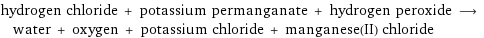 hydrogen chloride + potassium permanganate + hydrogen peroxide ⟶ water + oxygen + potassium chloride + manganese(II) chloride